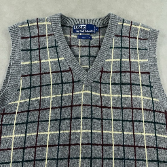 Vintage Polo Ralph Lauren Cashmere Sweater Vest Men's Large RRL Gray Plaid 90s - Picture 3 of 10